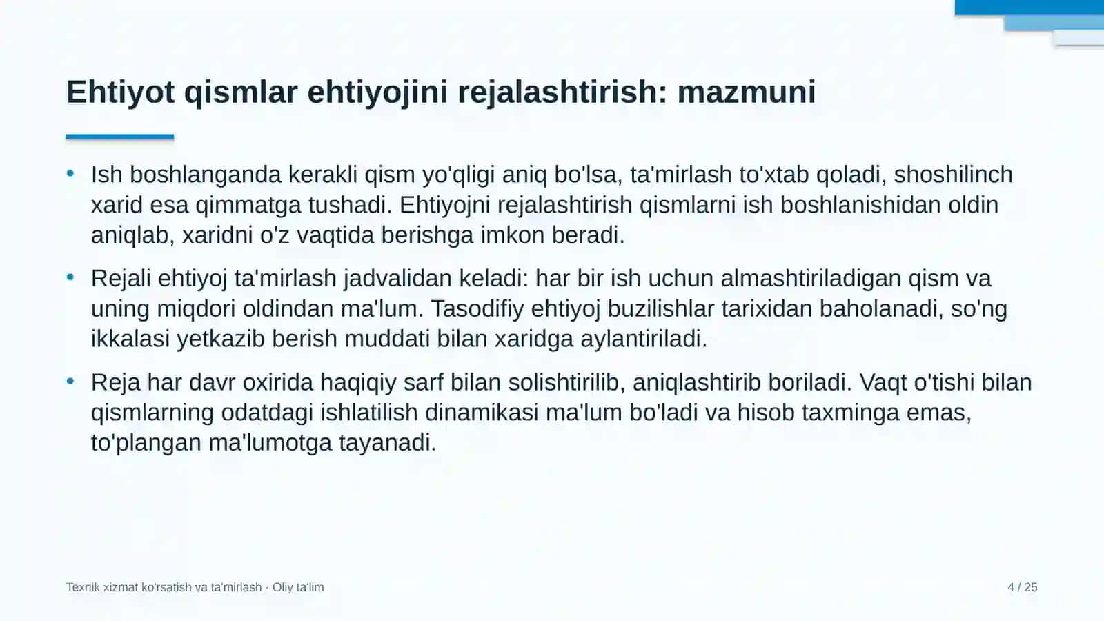 Kichik gidroelektr stansiyalarida ehtiyot qismlar ehtiyojini rejalashtirish 4