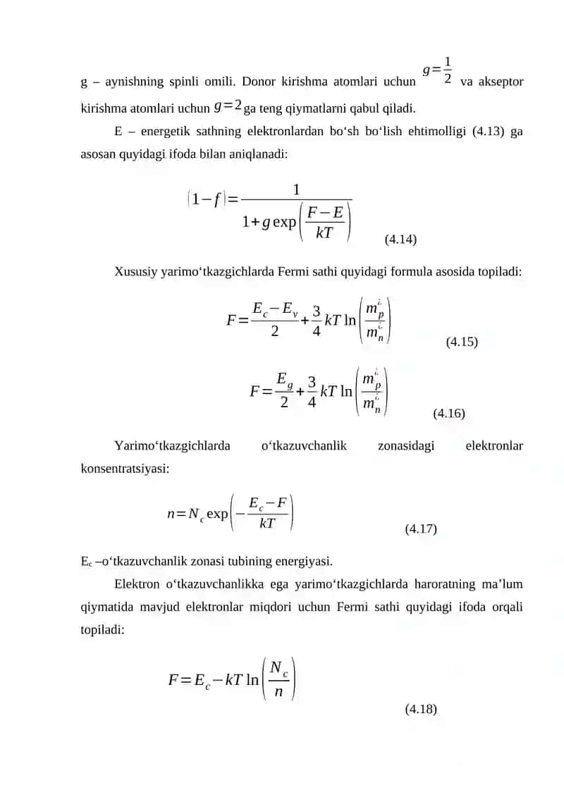 YARIMO‘TKAZGICHLARDA ELEKTRONLAR STATISTIKASIGA DOIR MASALALAR YECHISH 4