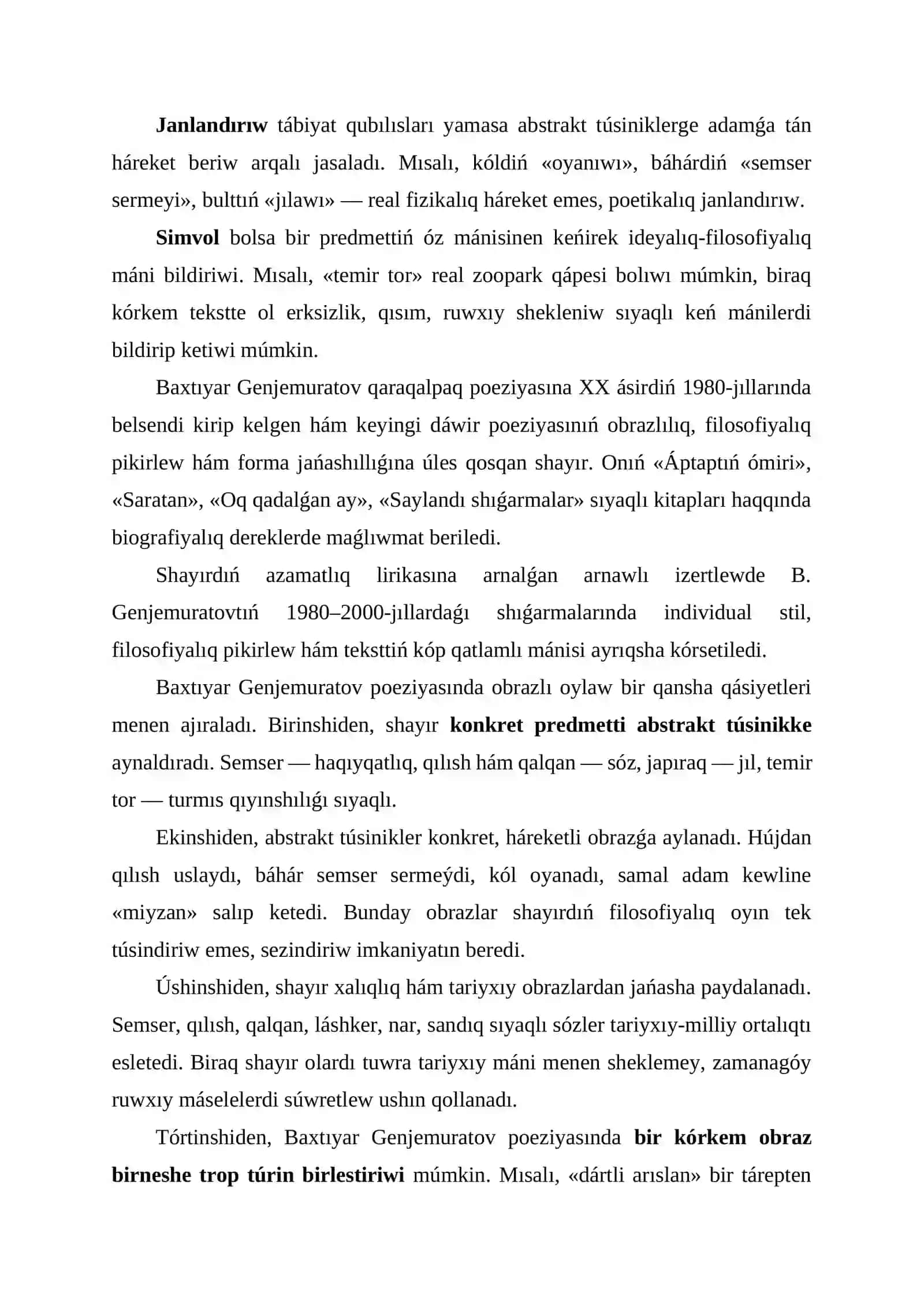 Baxtıyar Genjemuratov shıǵarmalarında kórkem súwretlew qurallarınıń qollanılıwı 4