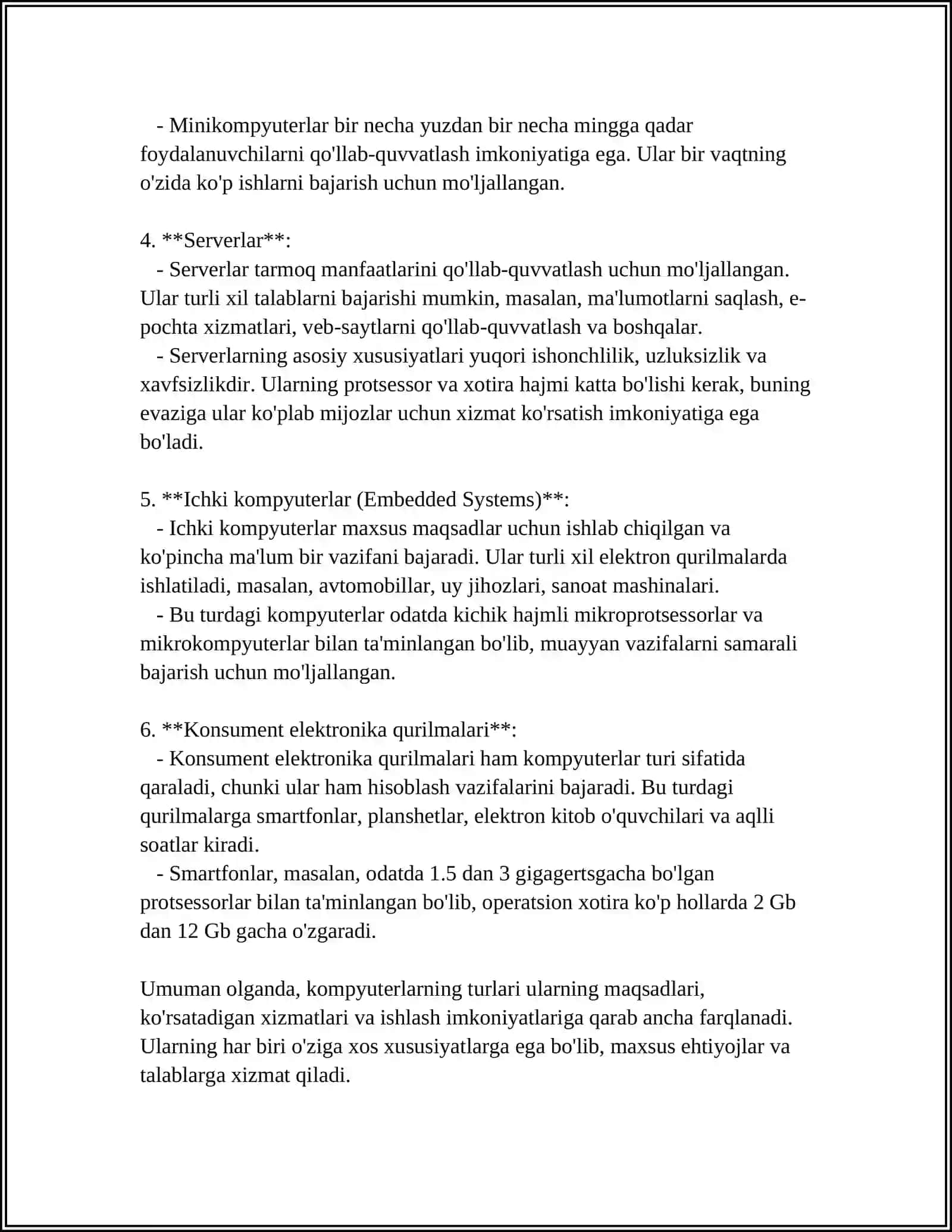 KOMPYUTERLARNING TURLARI, ASOSIY VA QO'SHIMCHA QURILMALARI 4