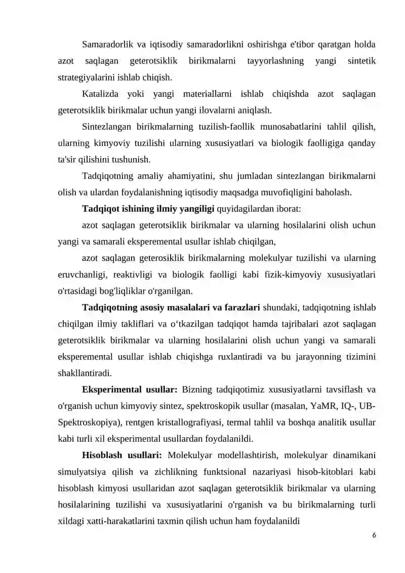 Azot saqlagan geterotsiklik birikmalar hosilalarining tuzilishi, xossalari va sintezi bo'yicha magistrlik dissertatsiyasi 4