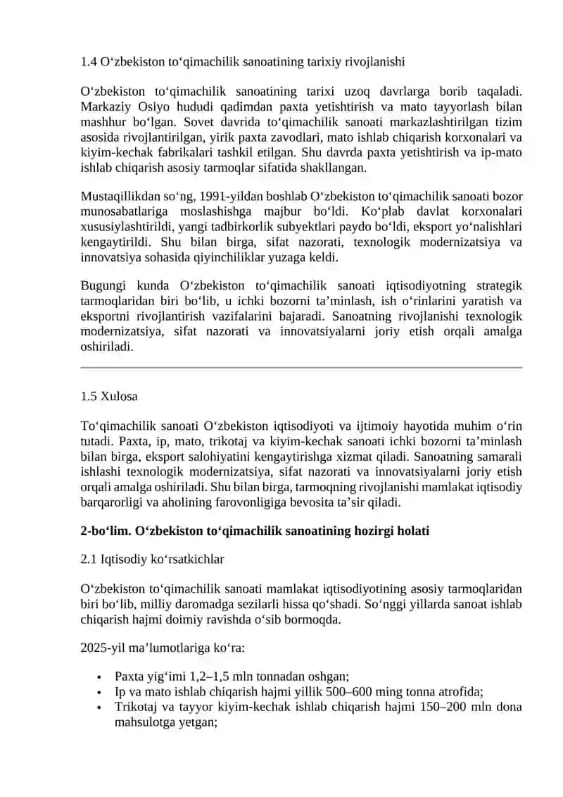 O’ZBEKISTON RESPUBLIKASIDA TO‘QIMACHILIK SANOATI 4