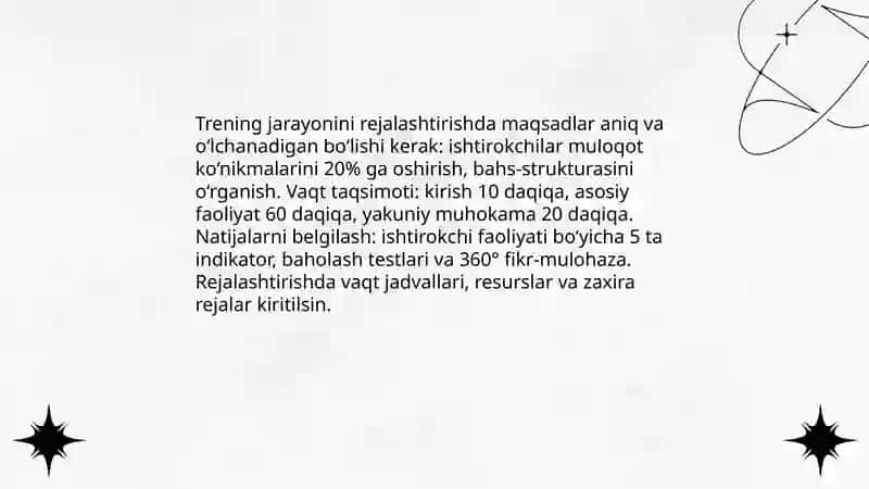 Diskussiya-Baxs munozara. (Trening jarayonini olib borish usullari) 4
