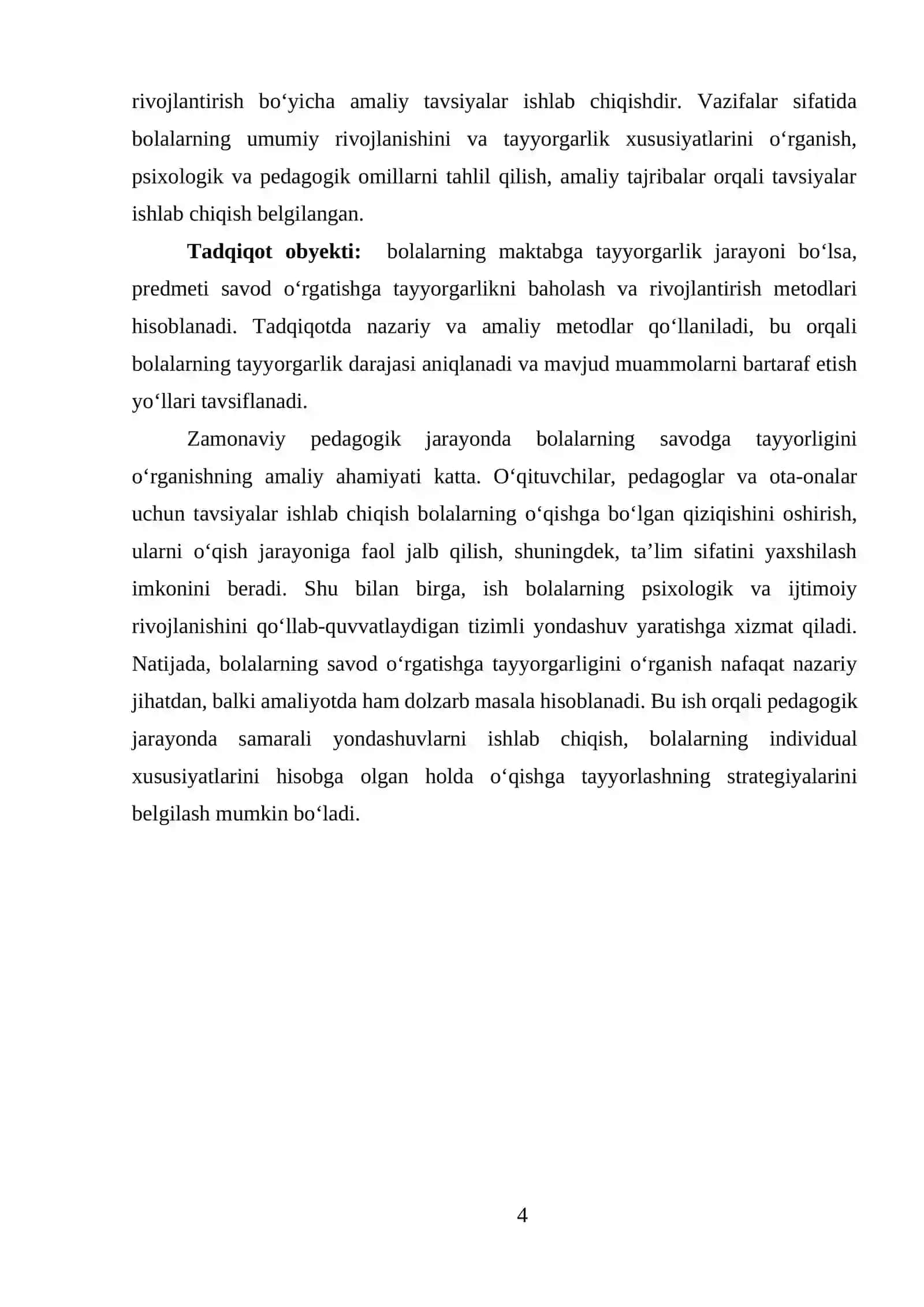 Bolalarning savod o'rgatish jarayoniga tayyorgarligini o'rganish mavzusida tayyor kurs ishi 4