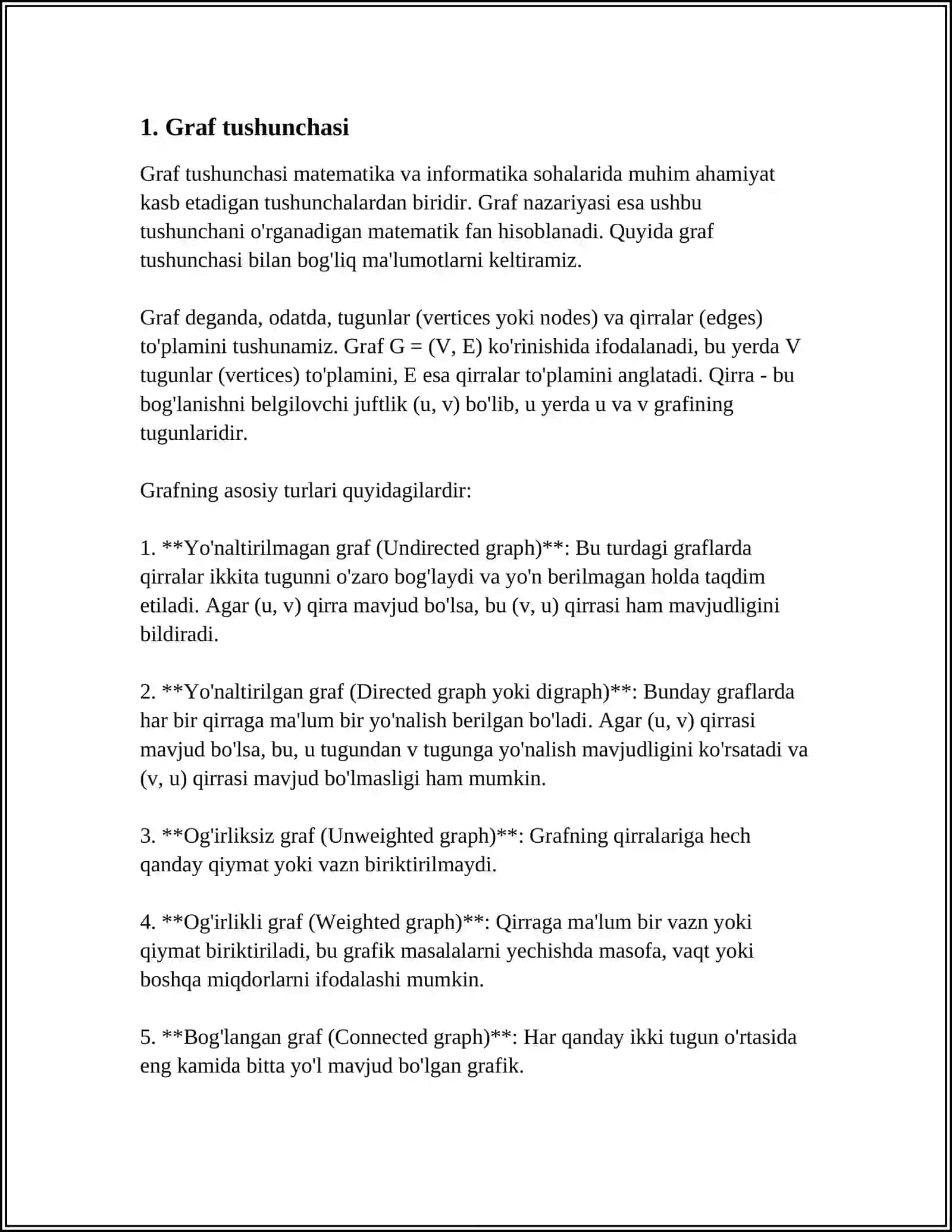 MA'LUMOTLARNING TARMOQ TUZILMALARI. GRAF TUSHUNCHASI VA UNING KURINISHLARI 4