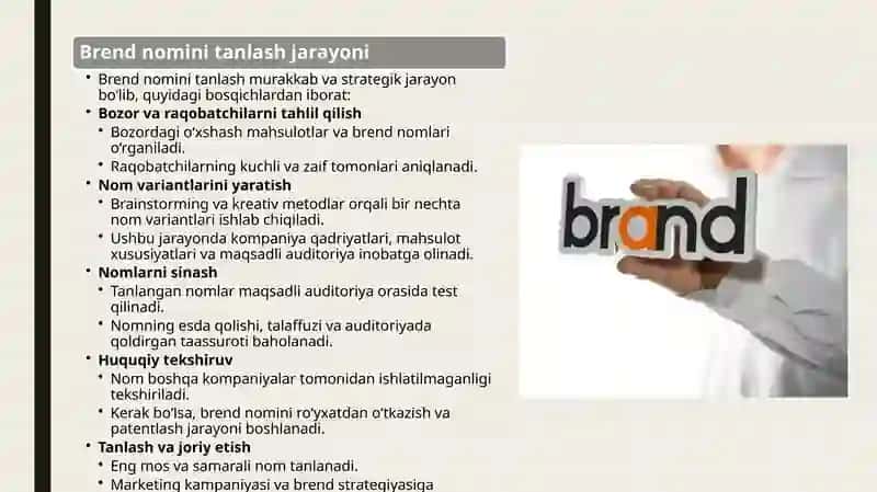 Brend nomini tanlash va uning huquqiy jihatlari. 4
