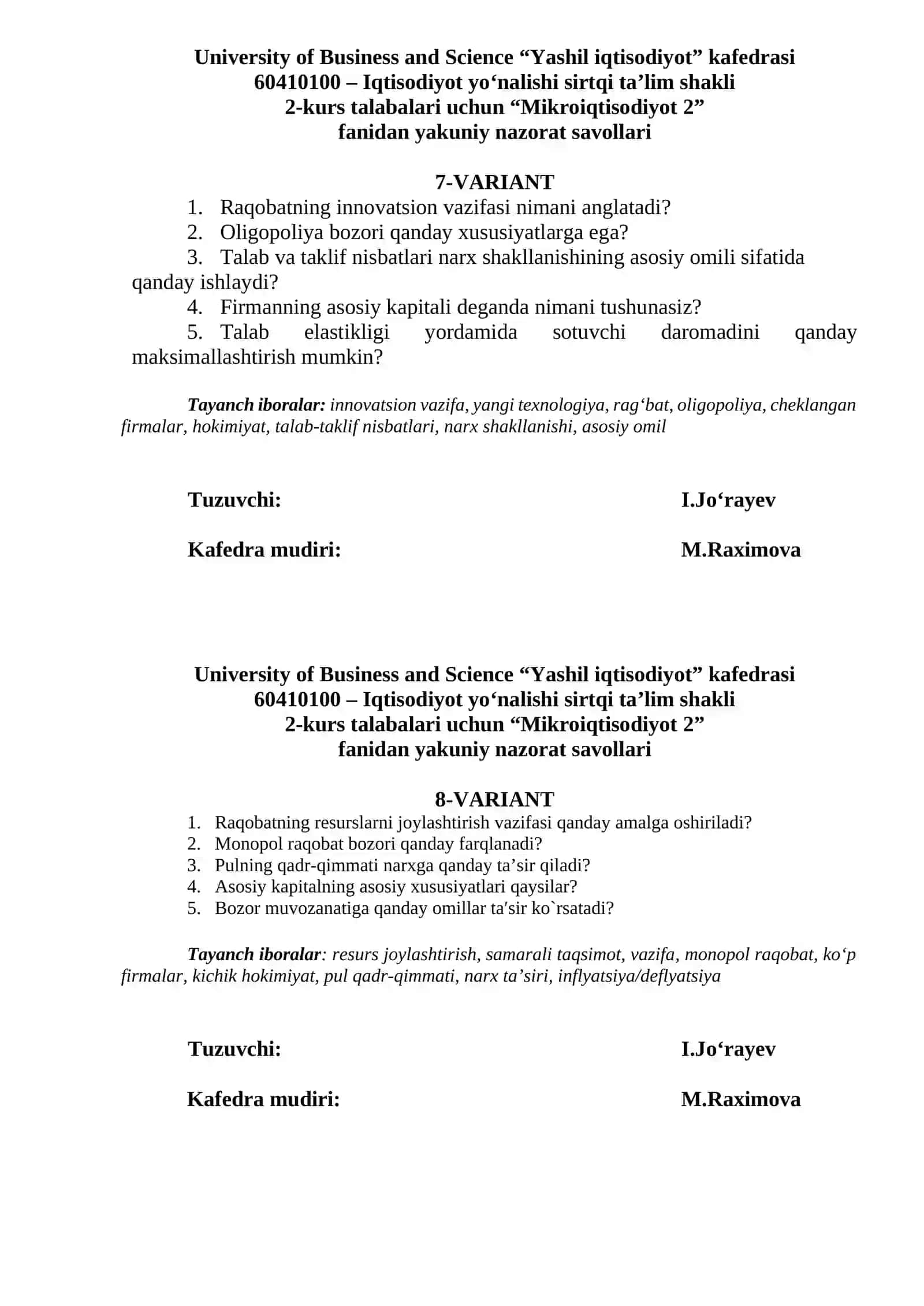 Mikroiqtisodiyot 2 Yakuniy nazorat savollari 4
