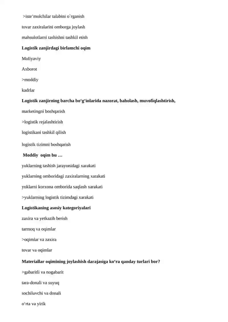Logistika fanidan yakuniy nazorat uchun test javoblari va savollari 4