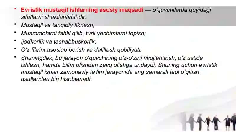 Evristik mustaqil ishlar mavzusiga tag'dimot. 4