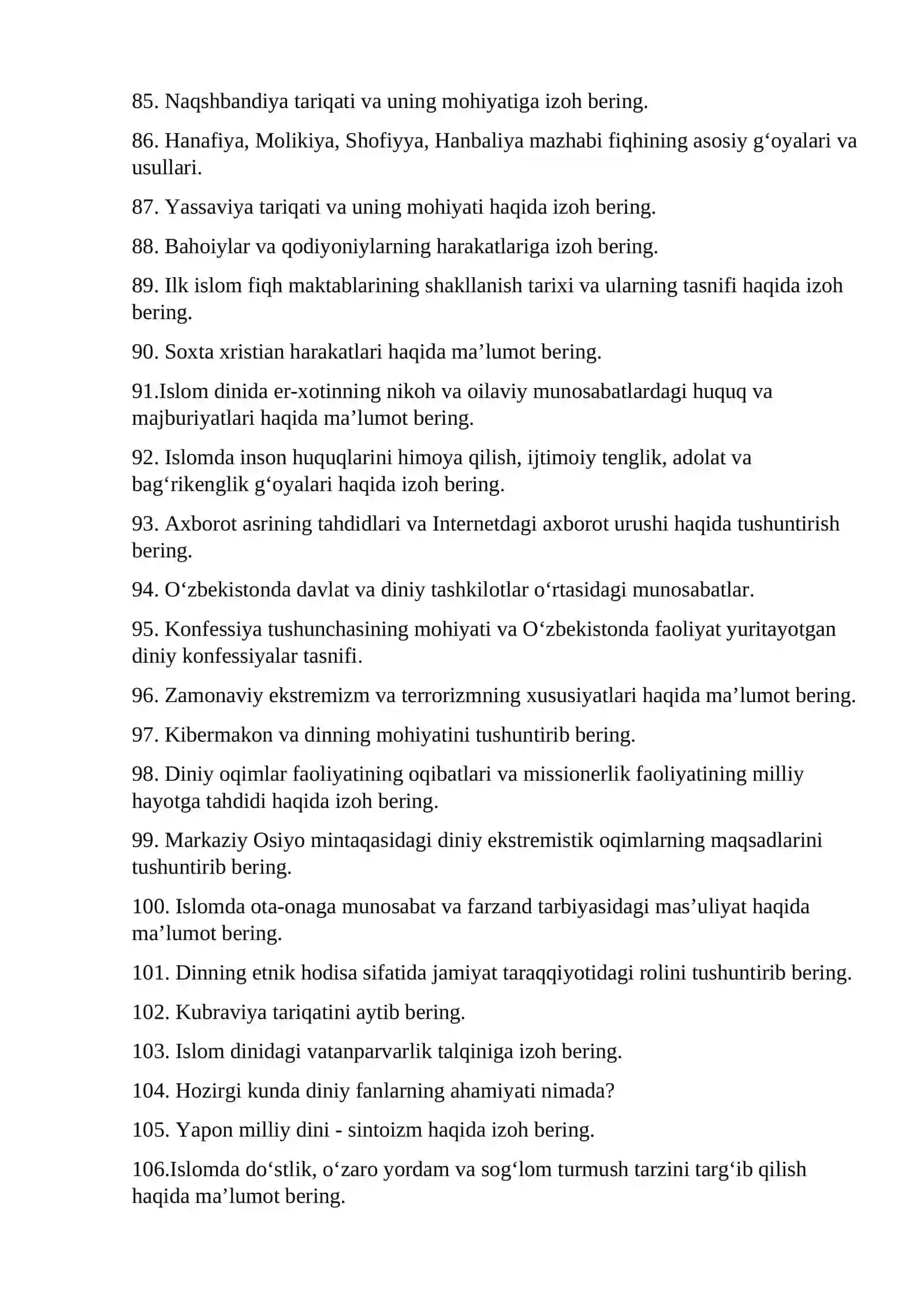 DINSHUNOSLIKDAN SESSIYA SAVOLLARI 4