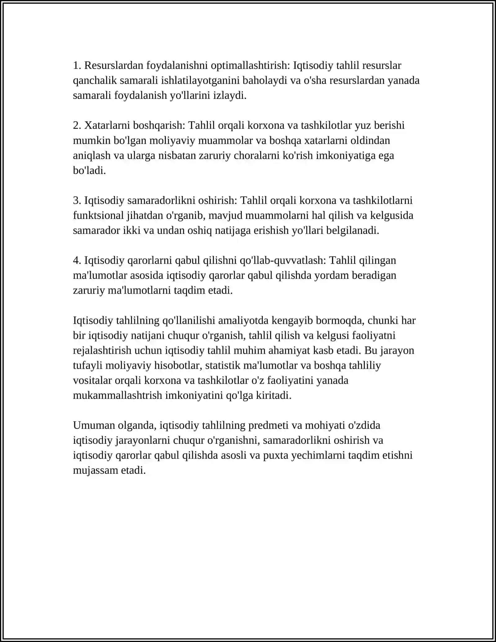 IQTISODIY TAHLILNING PREDMETI, ASOSIY VAZIFALARI VA TAMOYILLARI 4
