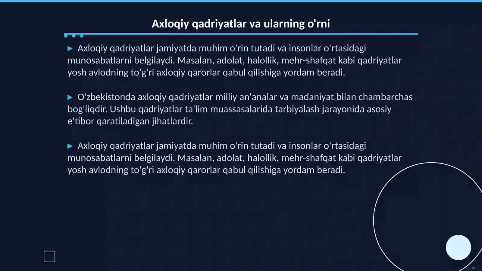 Axloqiy tarbiya bõyicha dars ishlanma 4