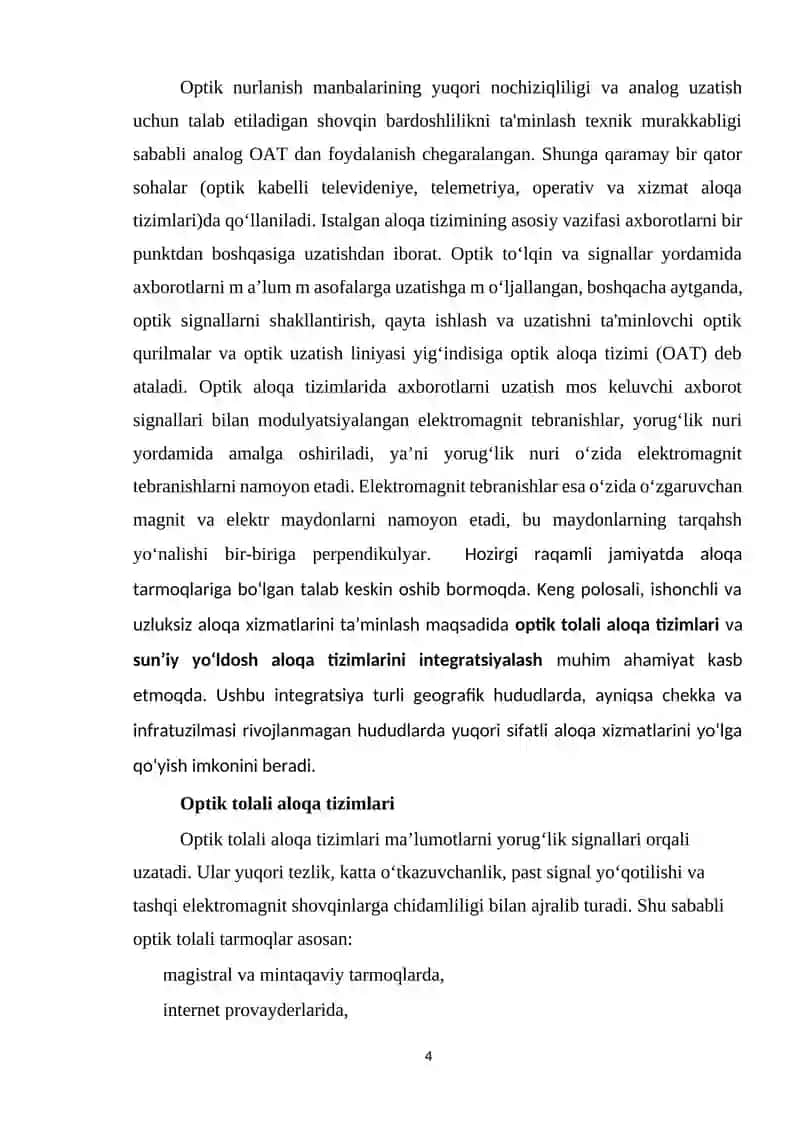 Optik tolali aloqa tizimlari va sun’iy yo‘ldosh integratsiyasi 4