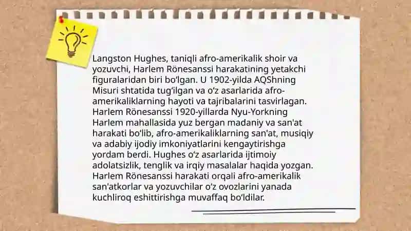 Lengston Hyuz "Rahmat sizga, xonim!" (6-sinf adabiyot darsligi asosida) 4