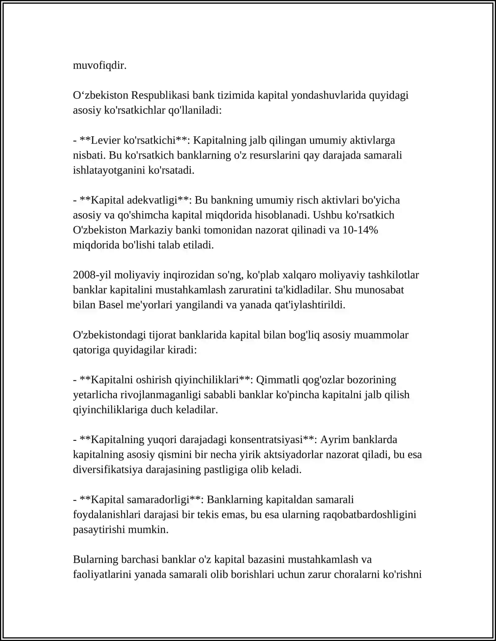 TIJORAT BANKINING KAPITALI, UNING TARKIBI VA YETARLILIGIGA QO'YILGAN TALABLAR 4