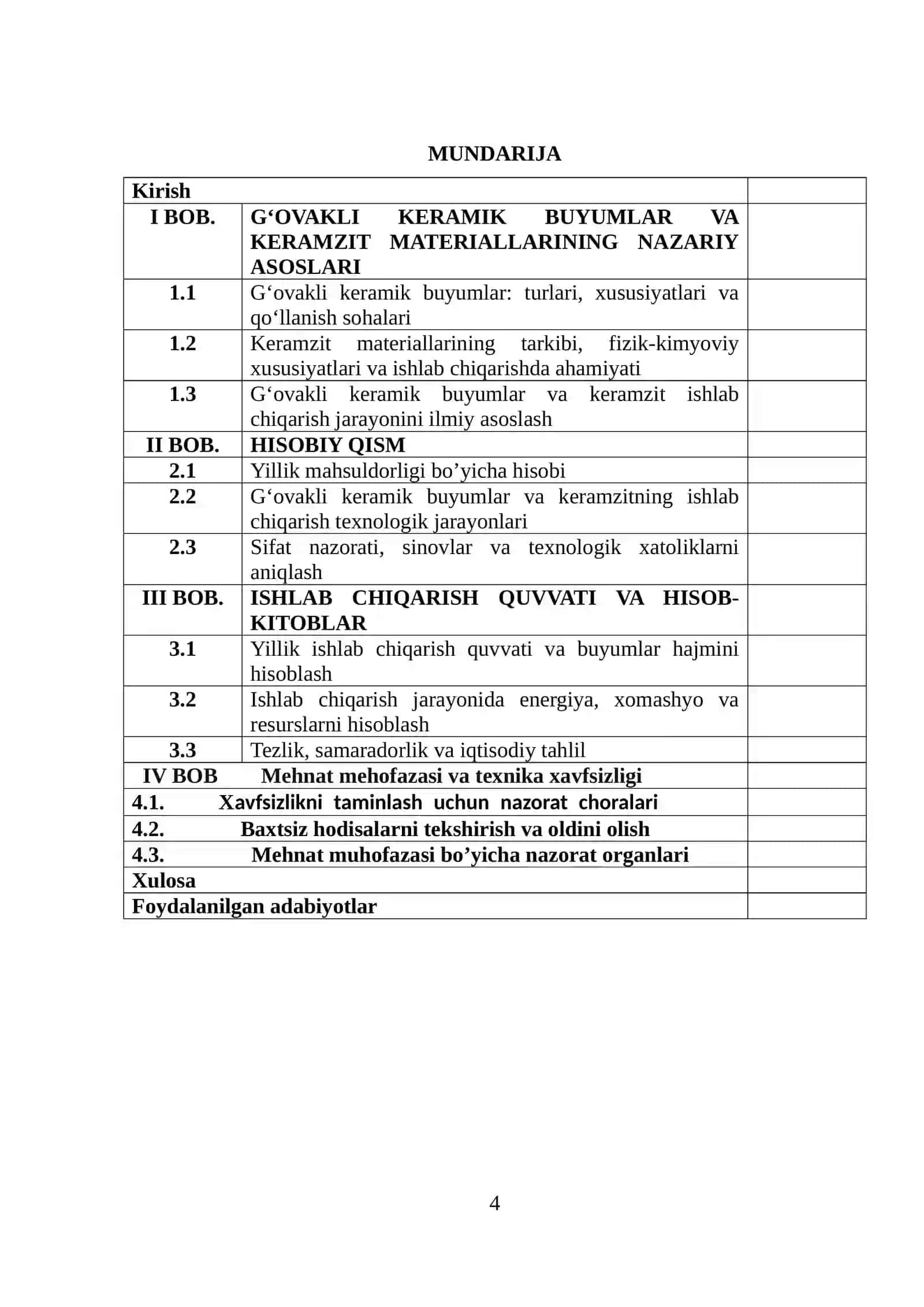 G‘ovakli keramik buyumlar, keramzit materiallarni ishlab chiqarish jarayonini hisoblash. 4