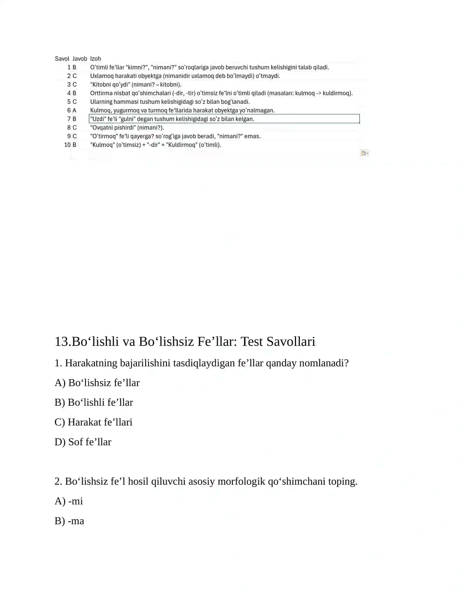 Oʻtimli va Oʻtimsiz Fe’llar: Test Savollari 4