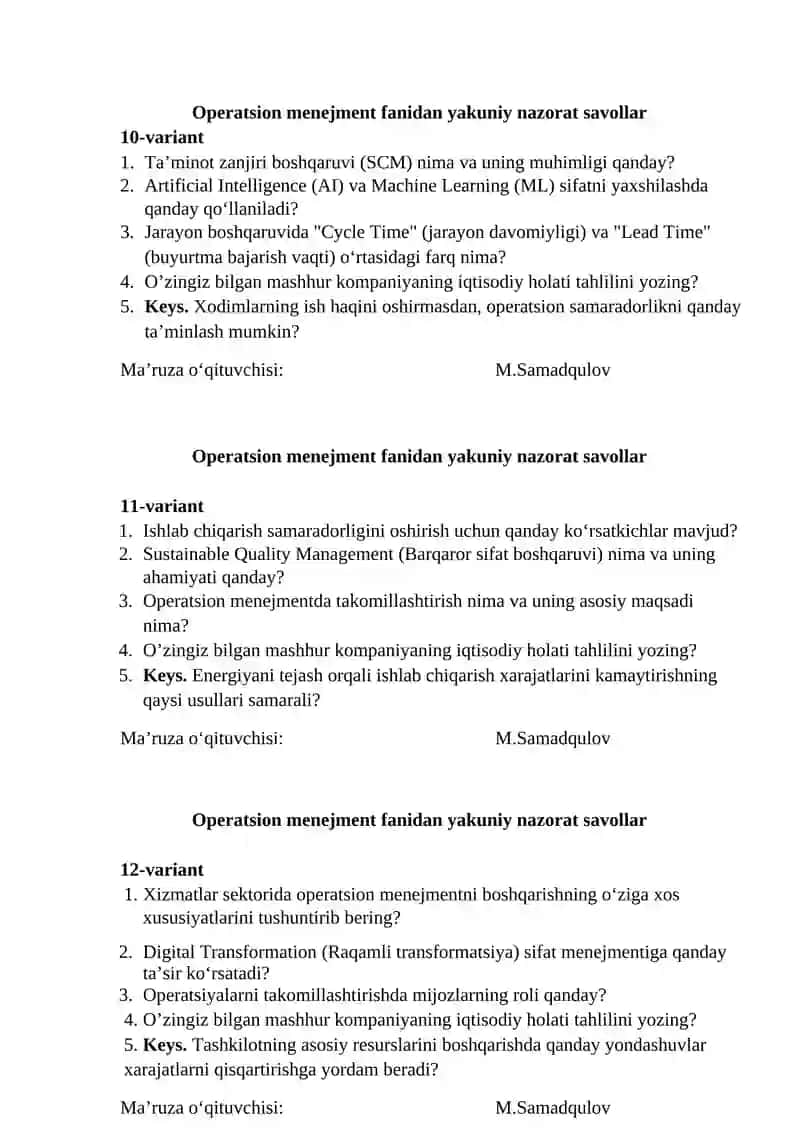 Operatsion menejment fanidan yakuniy nazorat savollar 4