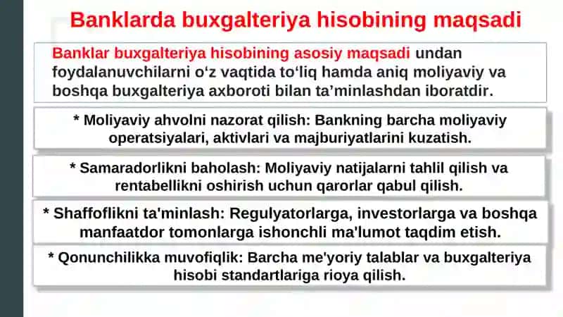 Tijorat banklarida buxgalteriya hisobining maqsadi vazifalar va tamoyillari 4