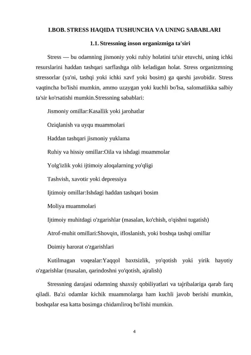 STRESS PROFILAKTIKASI VA UNI BARTARAF ETISH YO'LLARI KURS ISHI 4
