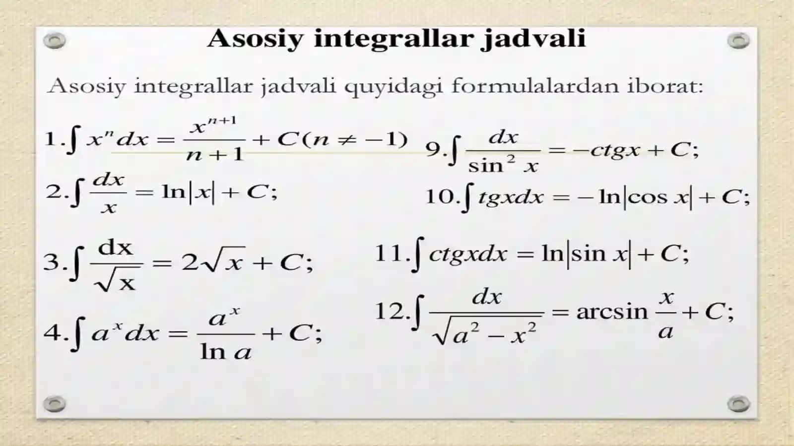 Aniqmas integrallar jadvali 4