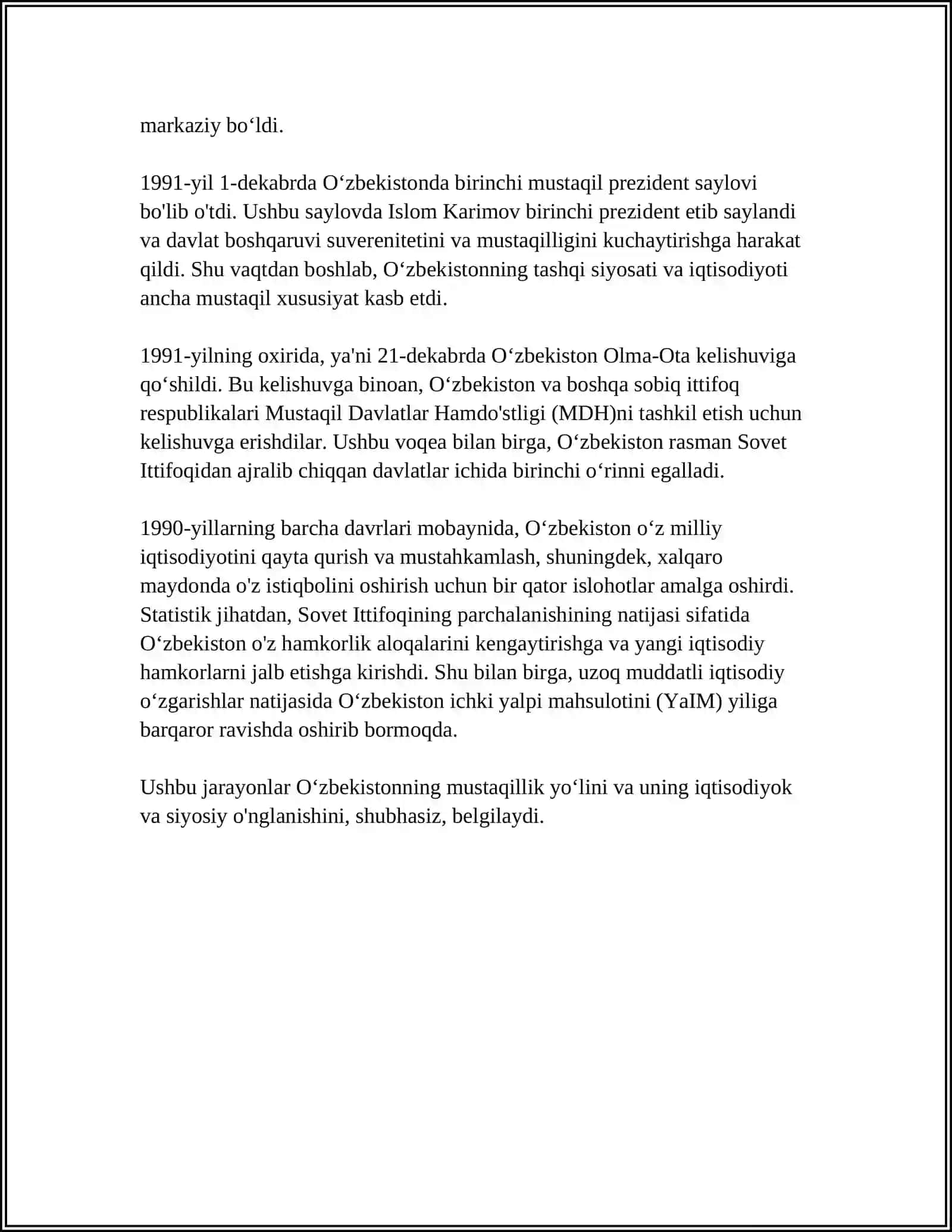 Oʻzbekiston MUSTAQILLIKKA ERISHISH OSTONASIDA 4