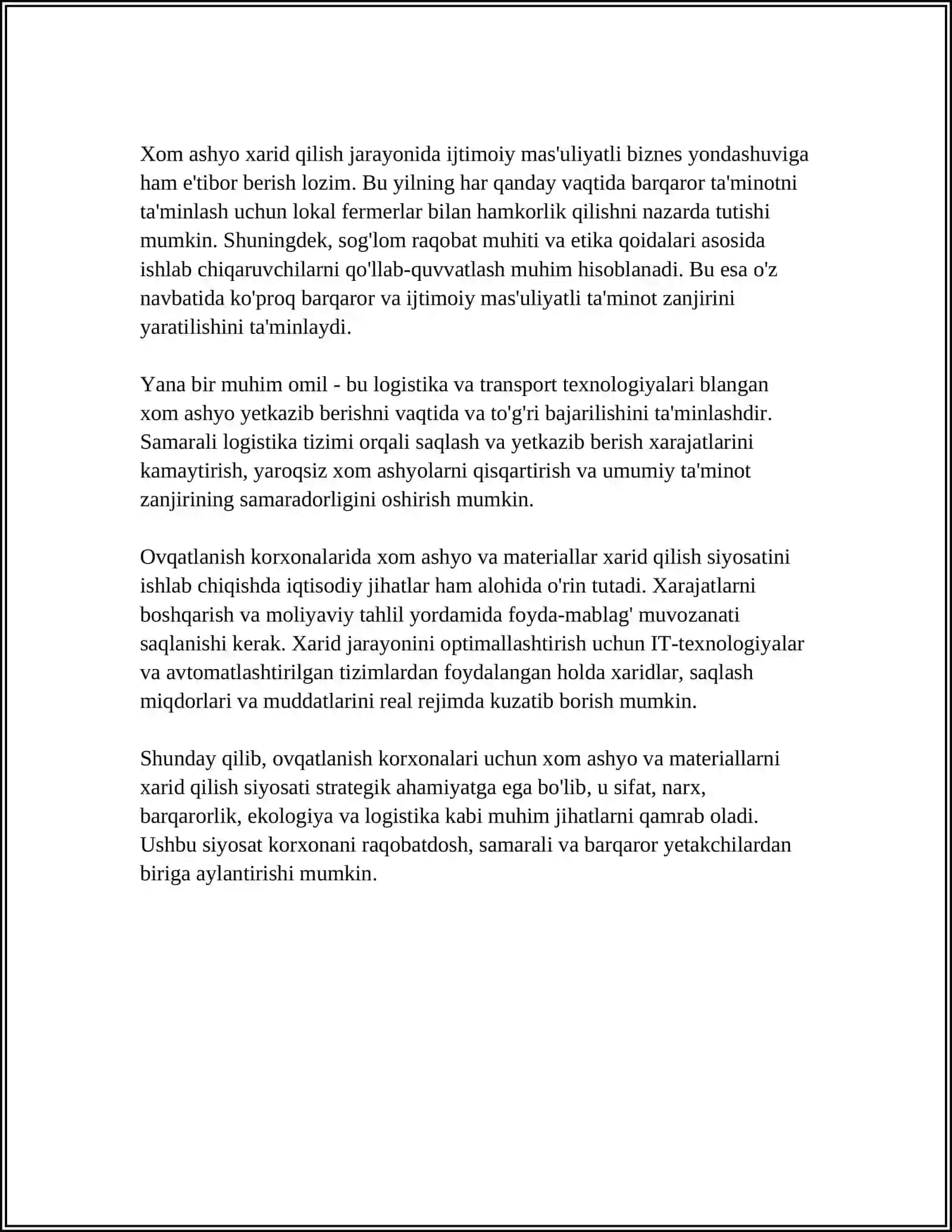 OVQATLANISH KORXONALARI MATERIAL-TEXNIK, XOM ASHYO VA MAHSULOTLARNING TA'MINOTI VA OMBOR XO'JALIGI ISHLARINI TASHKIL ETISH 4
