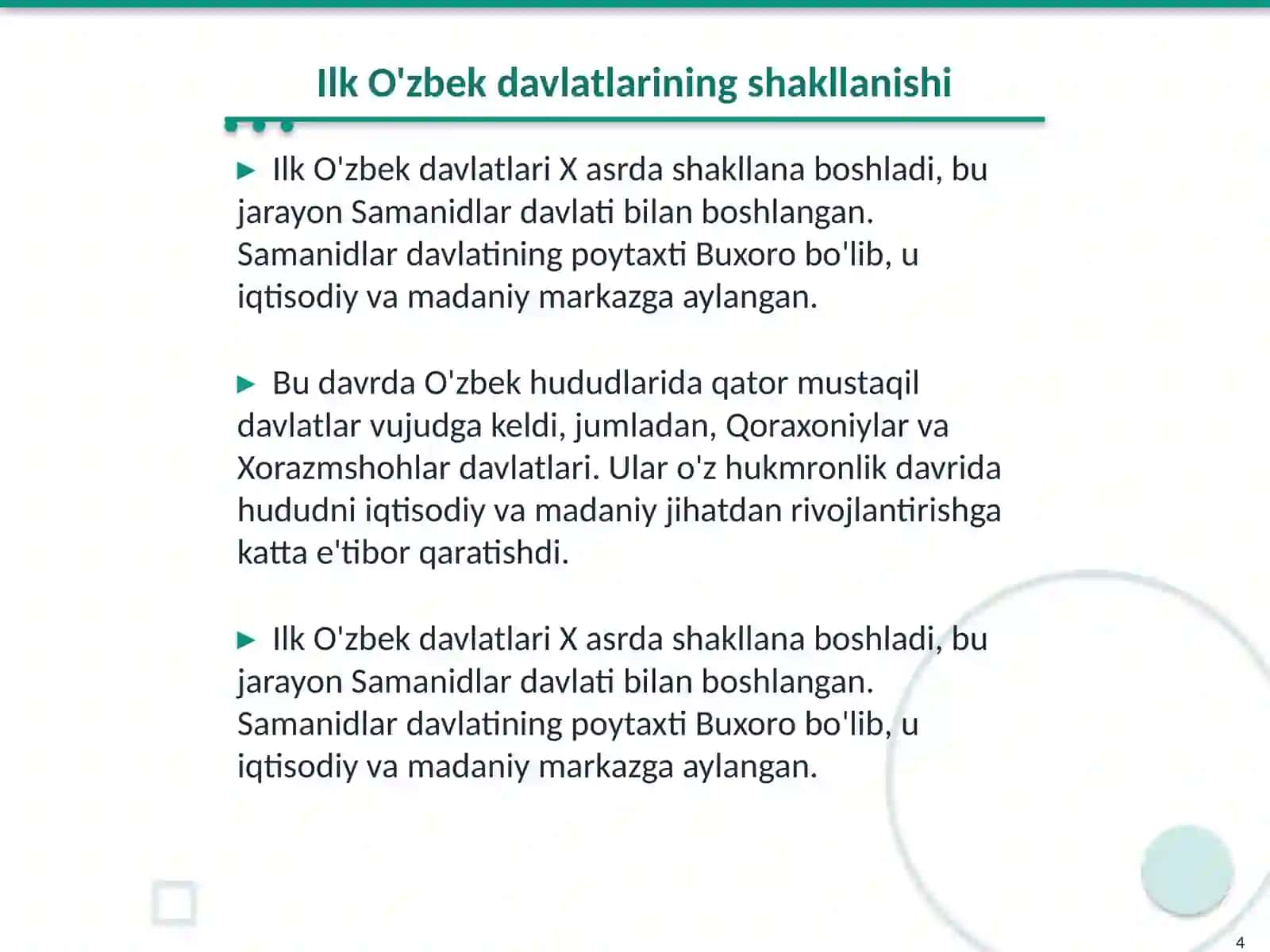 O'zbek davlatchiligi tarixi: O'rta asrlar davlatchiligi va ularning ijtimoiy-iqtisodiy rivojlanishi 4