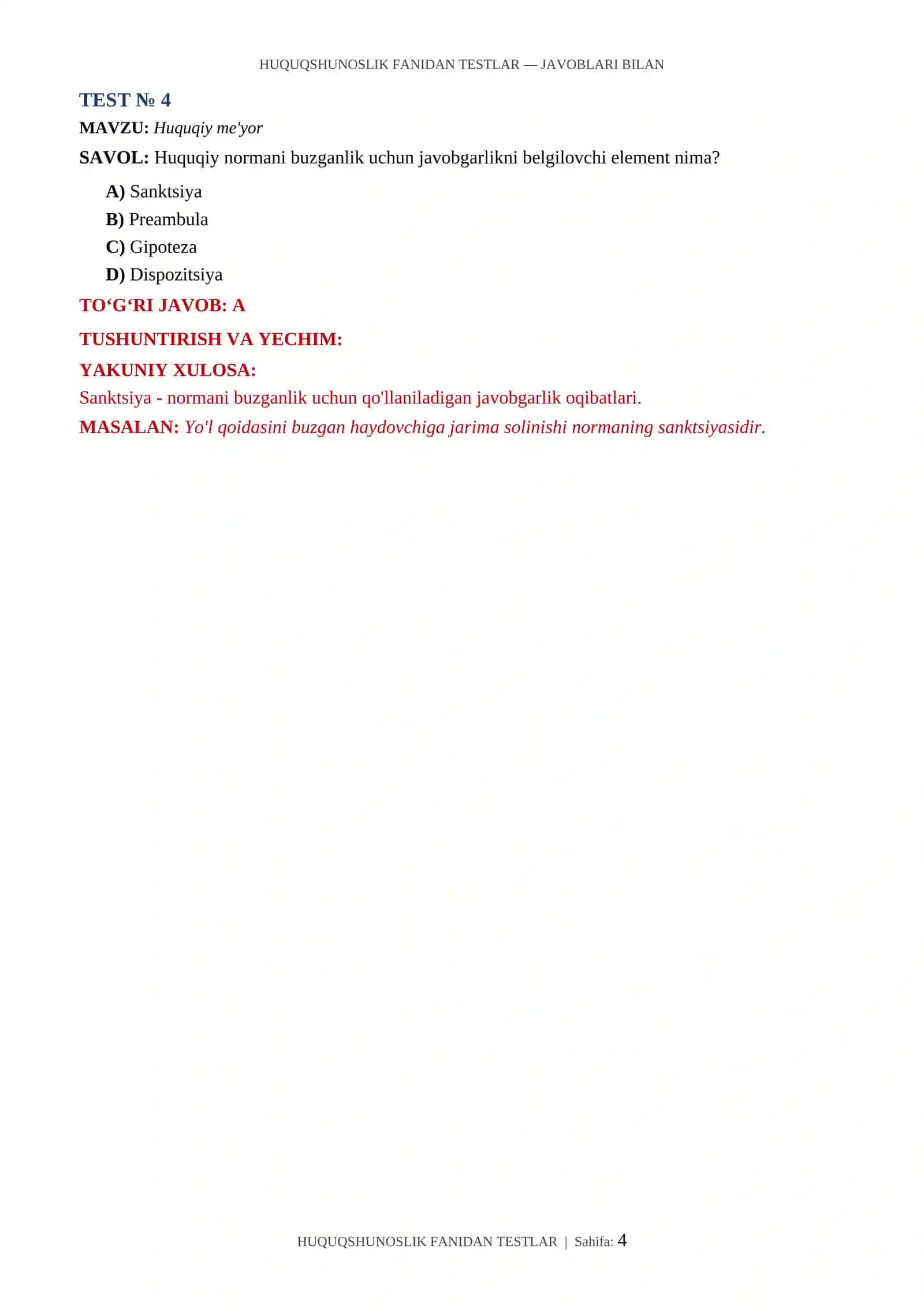 HUQUQSHUNOSLIK FANIDAN TESTLAR 4