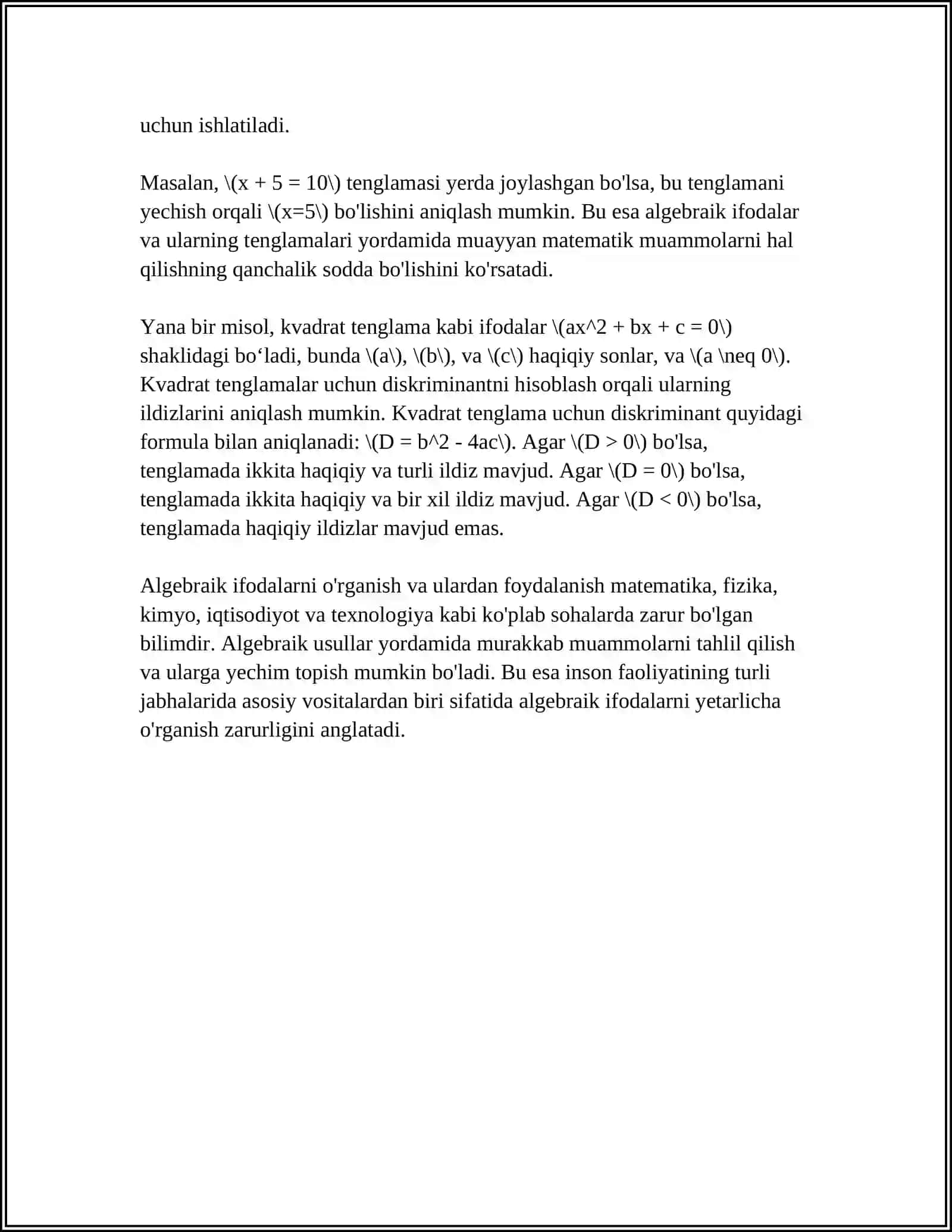 WORDDA MATEMATIK FORMULALAR BILAN ISHLASH 4