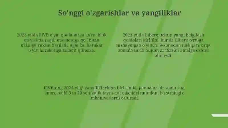 FIVB qoidakari undagi yangiliklar va o'zgarishlar 4