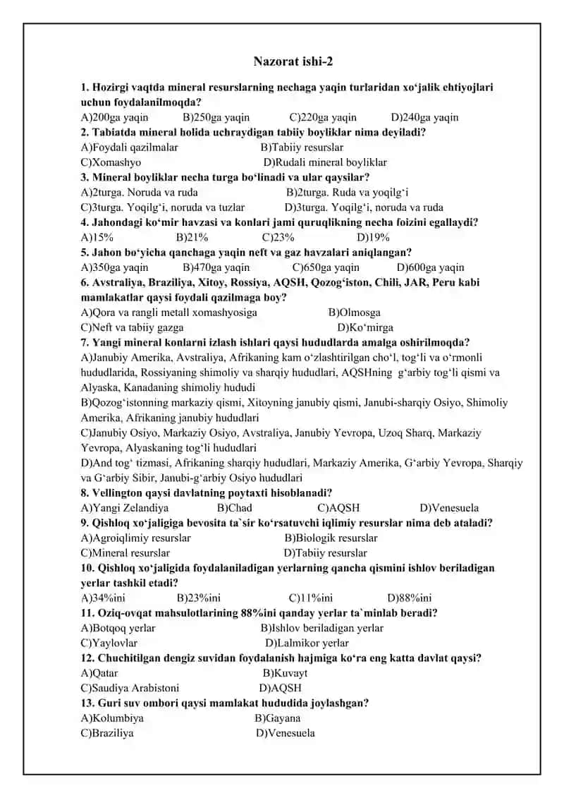 Geografiya fanidan nazorat ishi to`plami. 1-variant. 4
