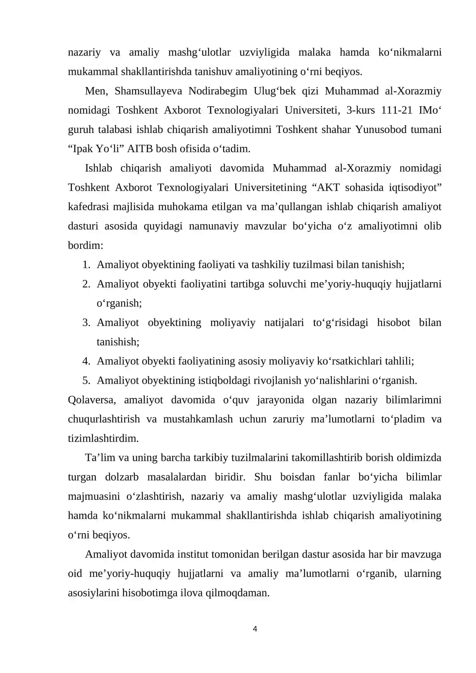 Ishlab chiqarish amaliyoti bo‘yicha HISOBOT 4