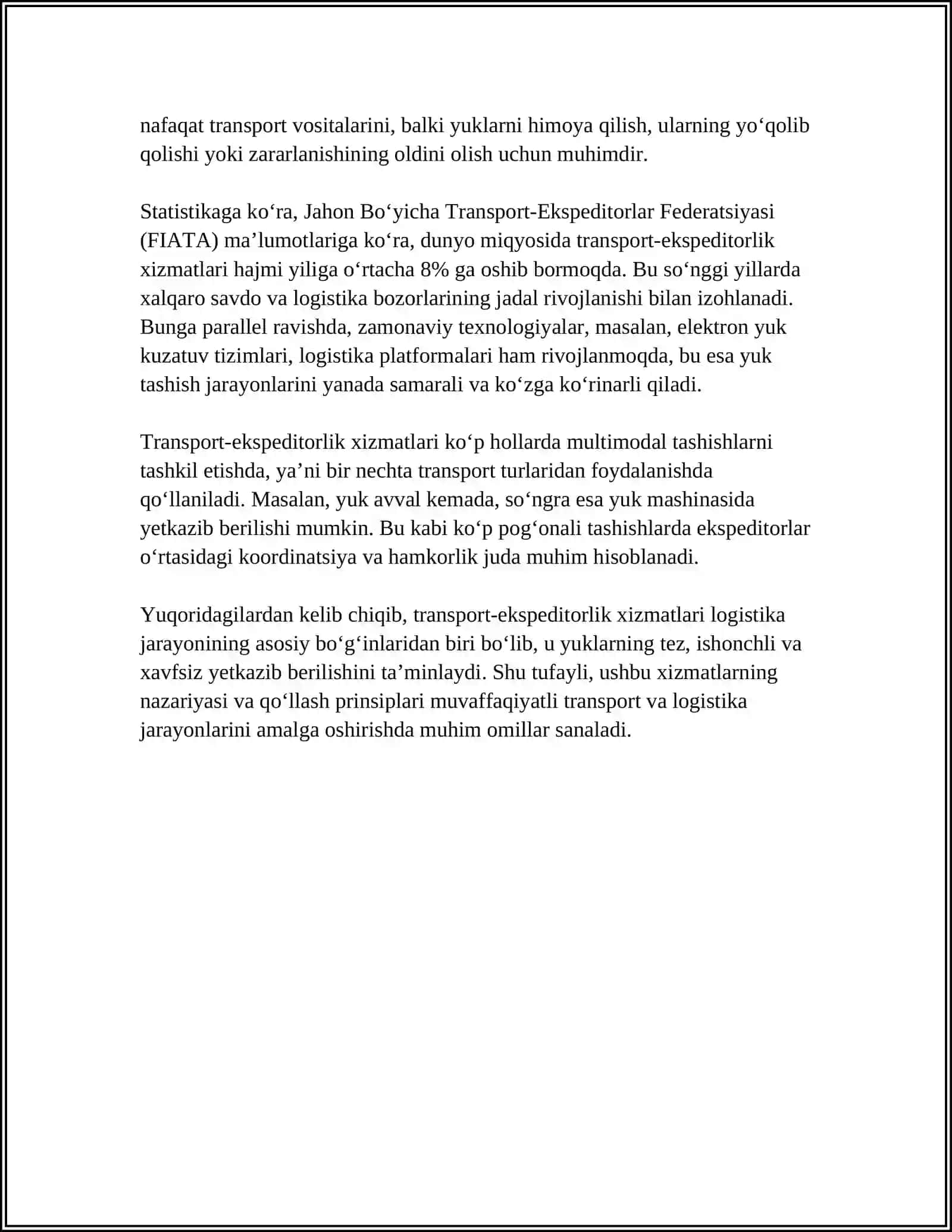 TRANSPORT-EKSPEDITORLIK XIZMATINI QO‘LLASH USULLARINI BILAN TANISHIB CHIQISH 4
