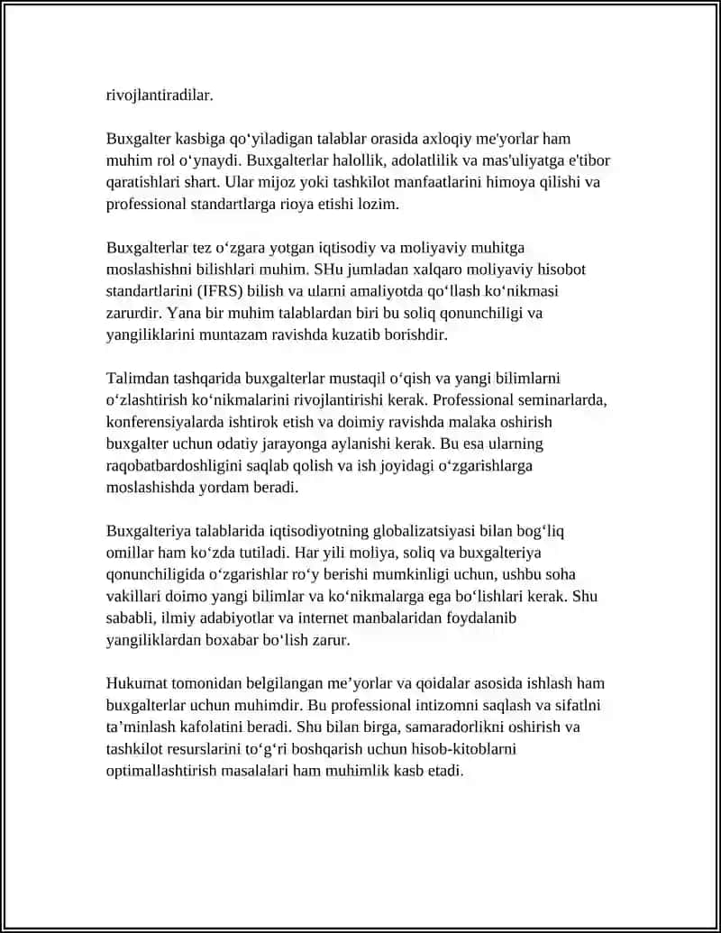 BUXGALTER KASBIGA QO'YILADIGAN TALABLAR 4