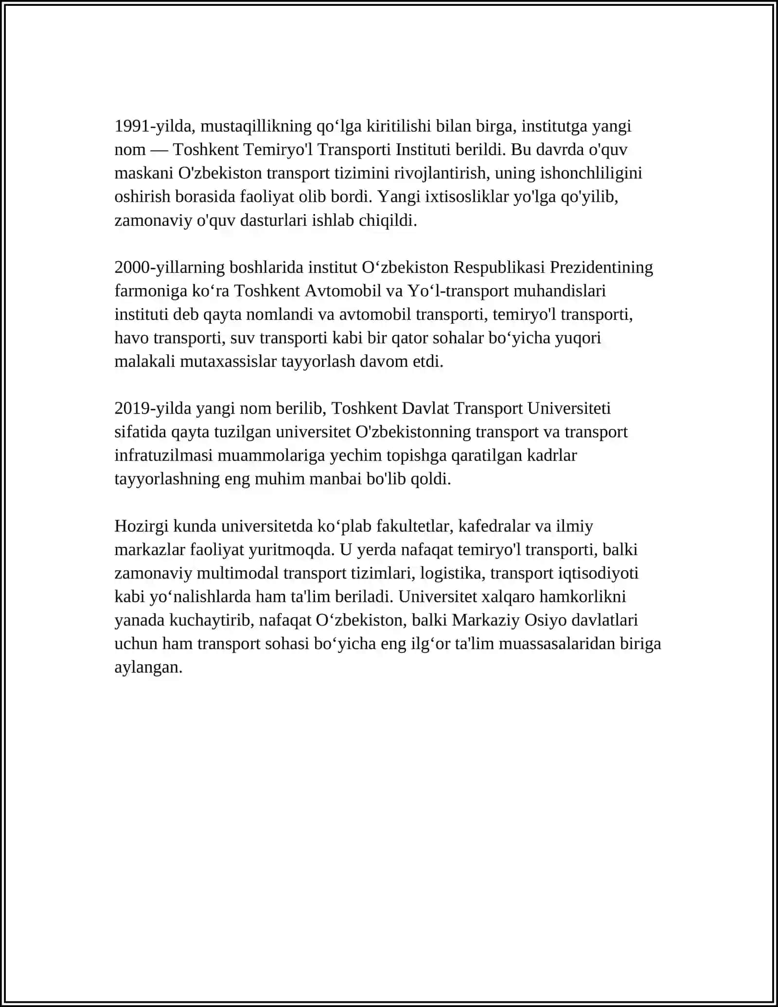 Toshkent Davlat Transport Universiteti Referat 4