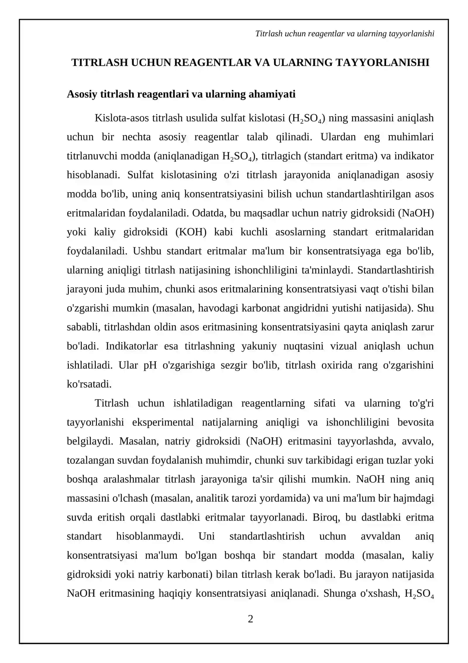 Kislota-asosli titrlash usulida H2SO4 massasini aniqlash 4