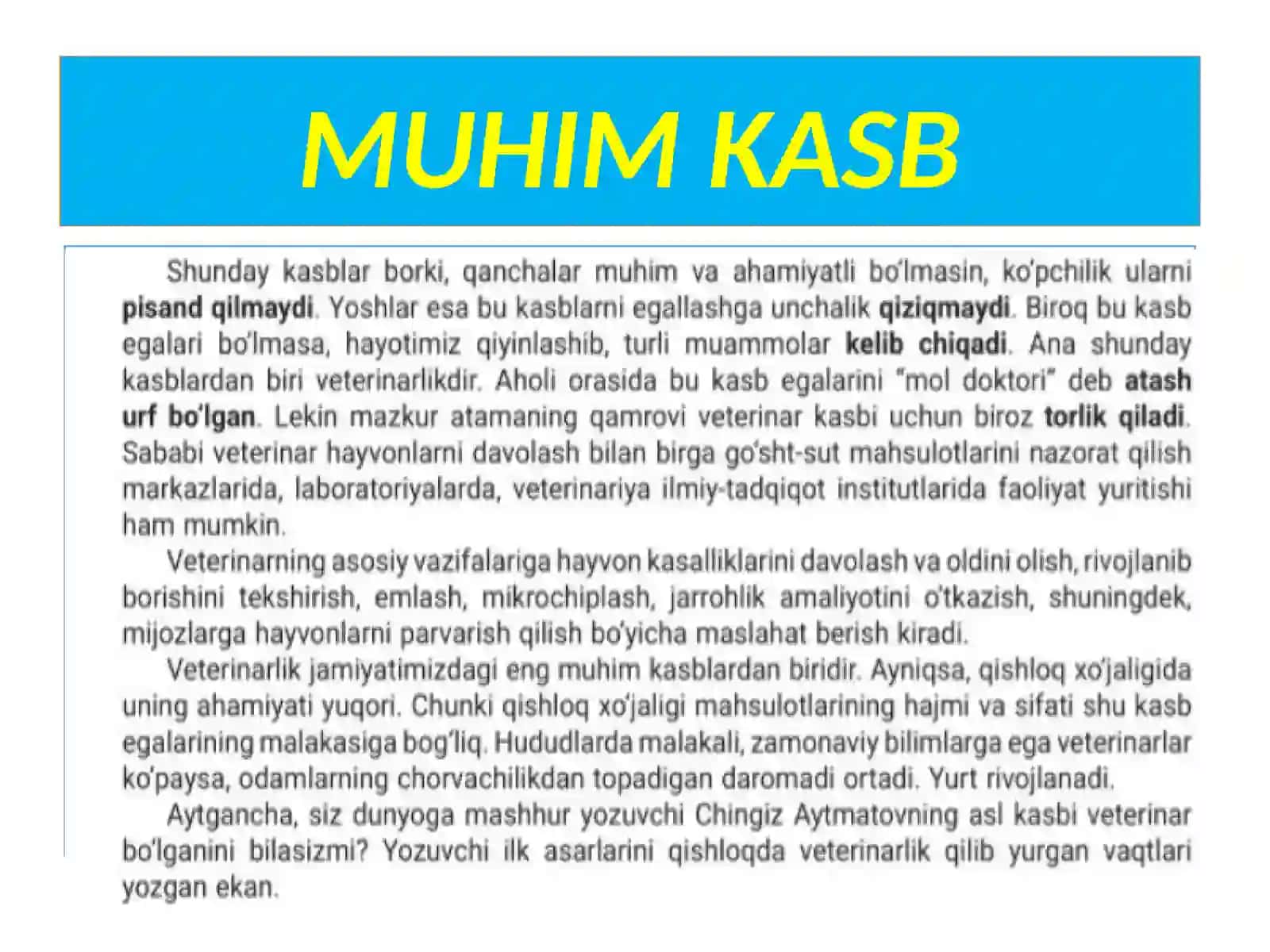 Matn oʻqish. “Muhim kasb”. Atamalar. Feʼl zamonlari 4