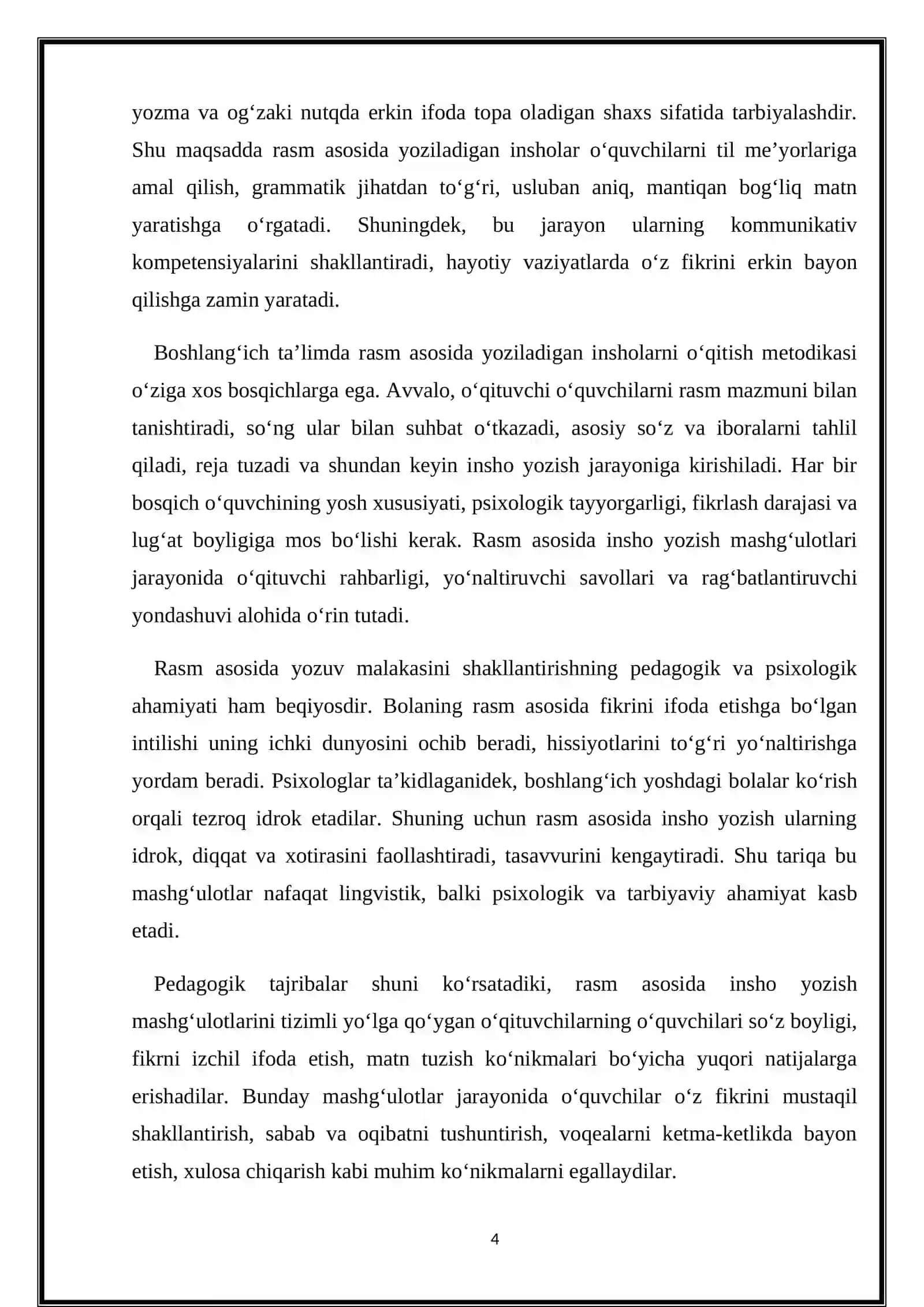 "BOSHLANGʻICH SINFLARDA RASMGA QARAB INSHO YOZISH YOʻLLARI" 4