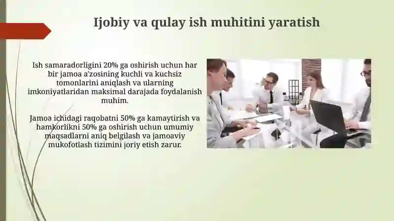Jamoalararo sogʻlom muhit yaratish. Jamoani boshqarish usullari 4