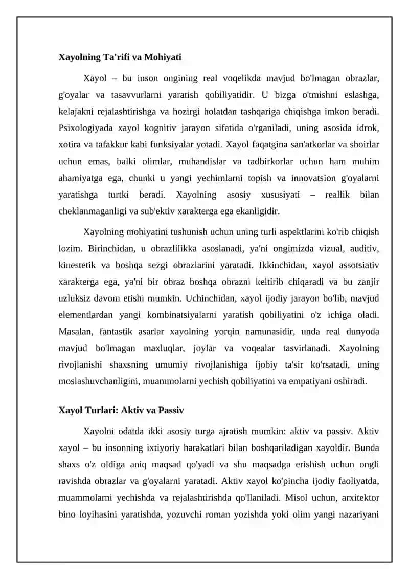 Xayol: Ta'rif, Turlari va Asoslari 4