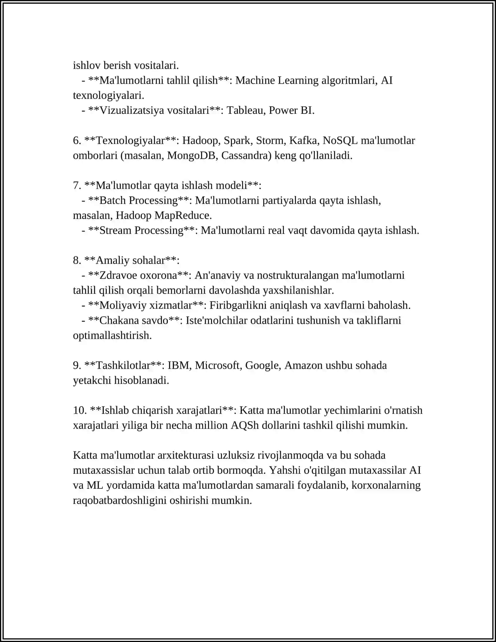 Katta ma'lumotlar (BIG DATA) NI QAYTA ISHLASH TEXNOLOGIYALARI 4