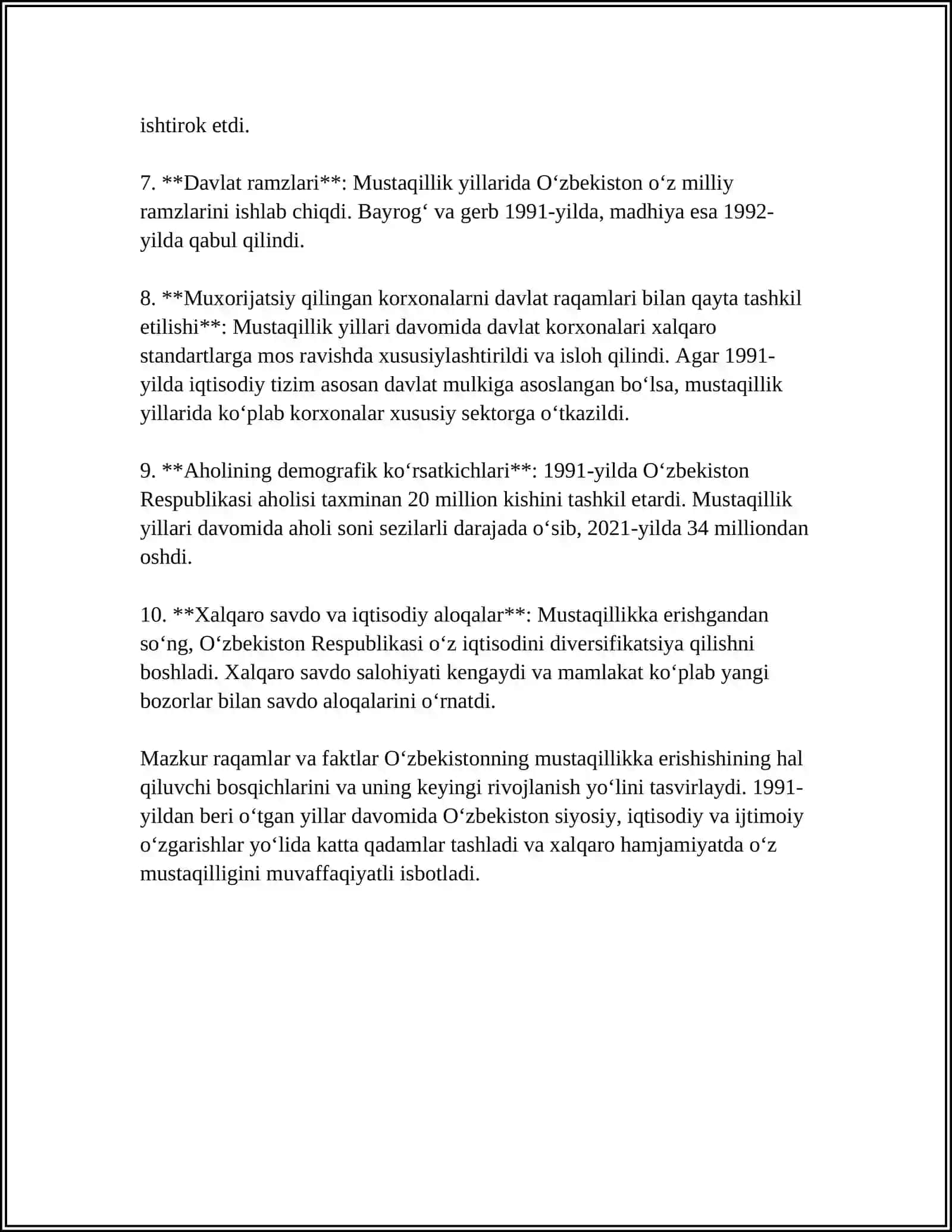 MUSTAQIL ISH Mavzu: O'ZBEKISTONNING ENG YANGI TARIXI 4