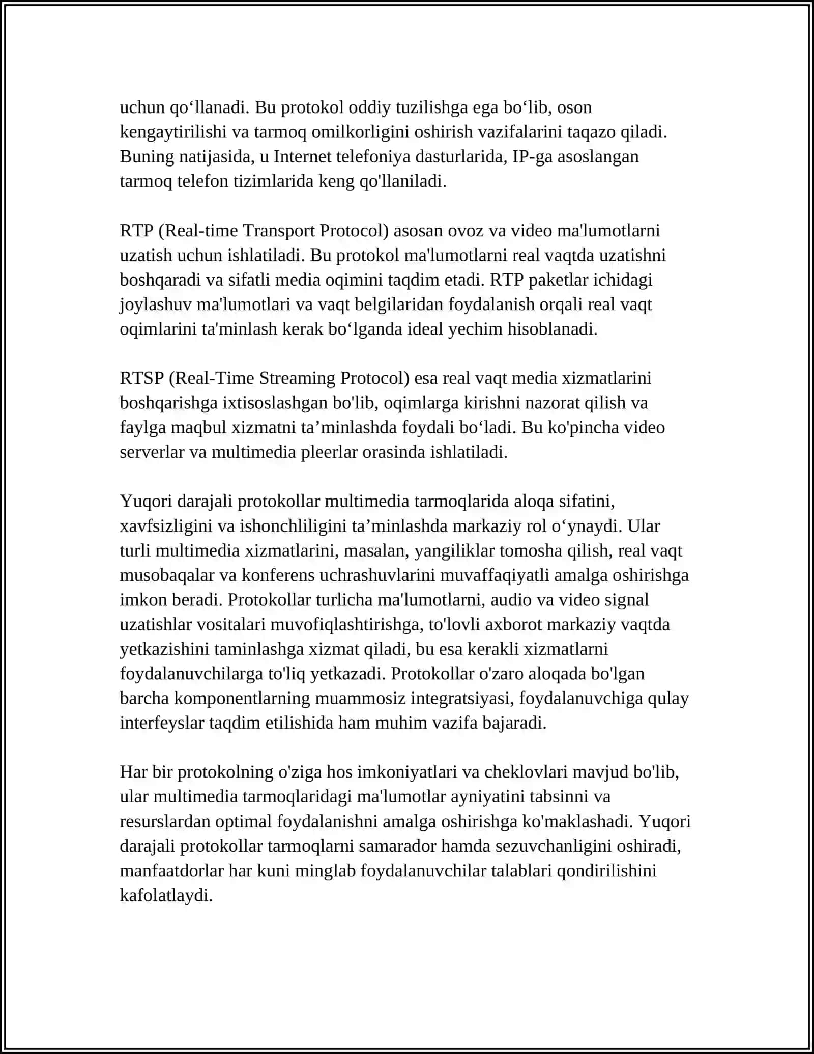 MULTIMEDIA ALOQA TARMOQLARINING YUQORI DARAJALI PROTOKOLLARI 4