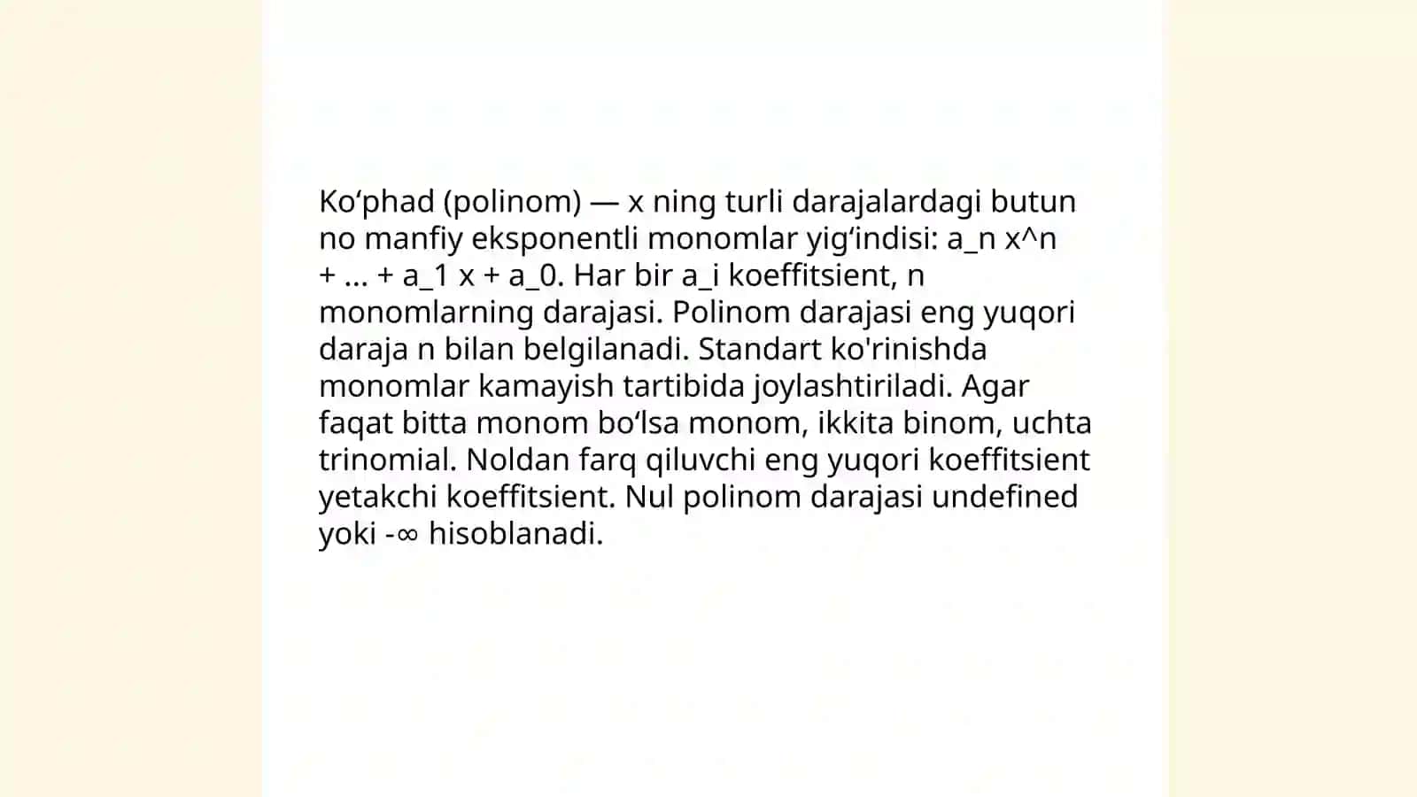 Matematikada birhadlar va koʻphadlar 4