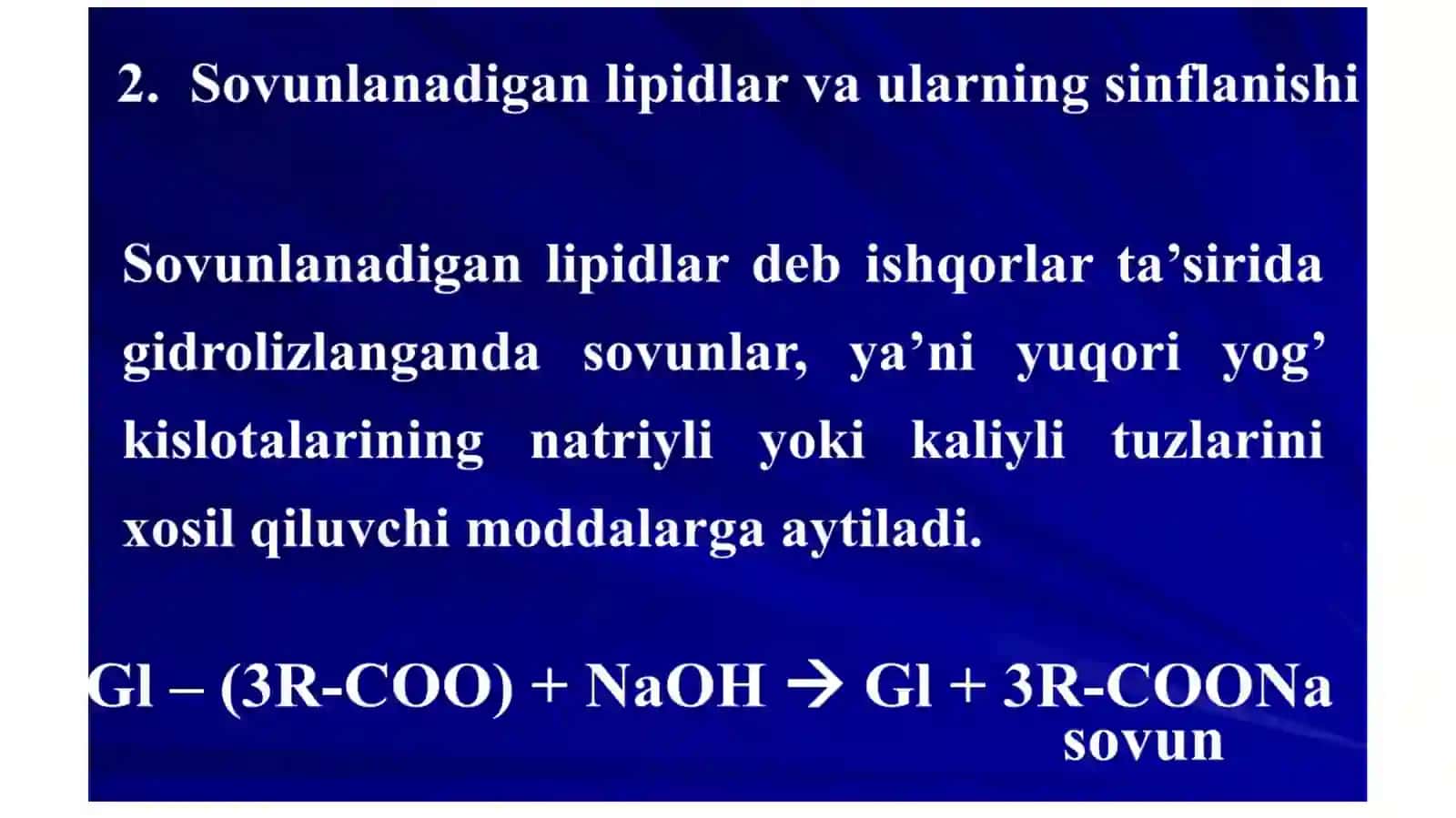 Lipidlarning tuzilishi va membranalar. Lipidlar funksiyasi va metabolizmi yog‘ kislotalari va triatsilglitserol sintezi. Yog‘ kislotalarining oksidlanishi. Keton tanachalari sintezi va utilizatsiyasi 4