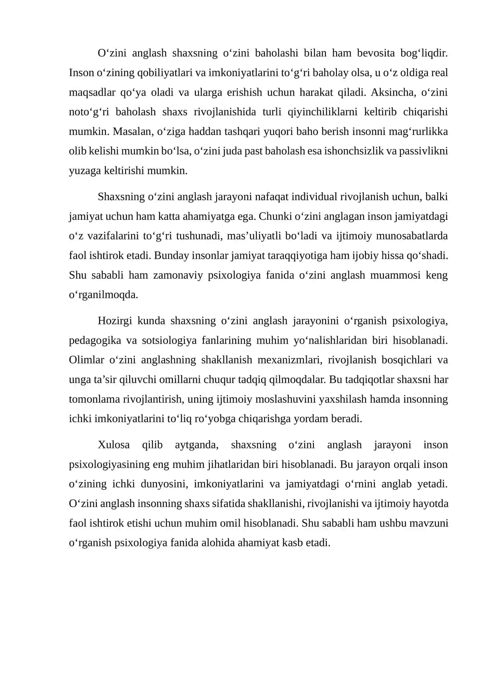 Shaxsning o’zini anglash jarayonlari kurs ishi 4