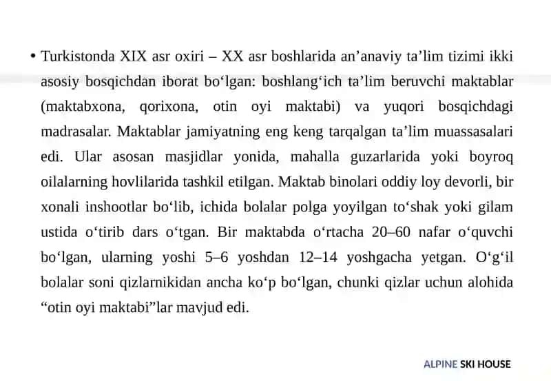 Ta'limning XIX asr oxirida va XX asr boshlarida rivojlanishi (Turkiston) 4