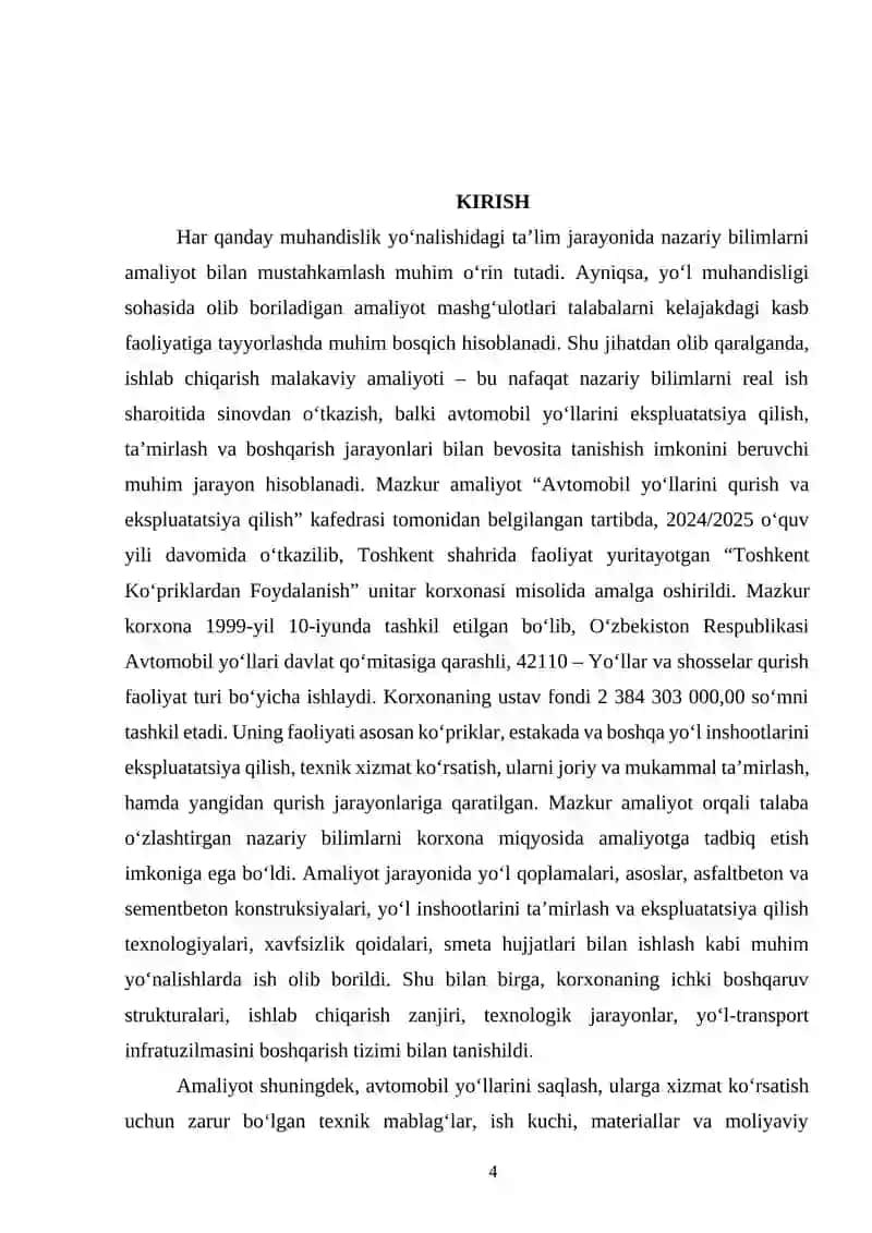 BOB. AVTOMOBIL YO‘LLARI QO‘MITASIGA QARASHLI YO‘L KORXONALARINING BOSHQARMALARI, BO‘LINMALAR STRUKTURASI VA LOYIHALASH BO‘LIMLARI FAOLIYATI 4