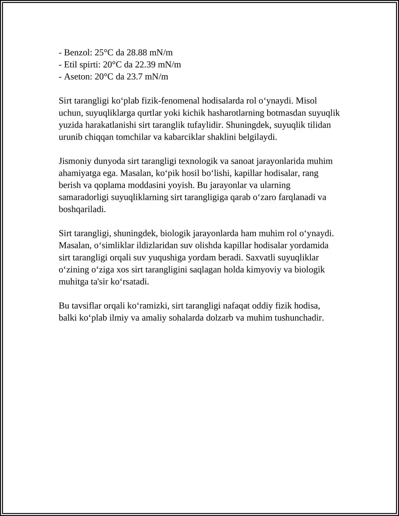 MUSTAQIL ISH Mavzu: SUYUQLIKLARDA SIRT TARANGLIK HODISASI 4